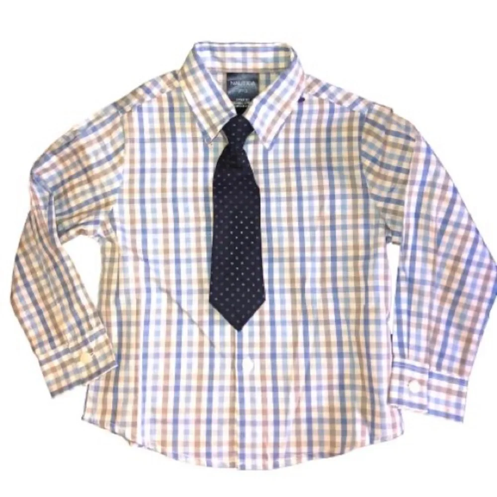 Nautica Long Sleeve Shirt 3T Blue Green Check & Clip Navy Dotted Tie 3T
